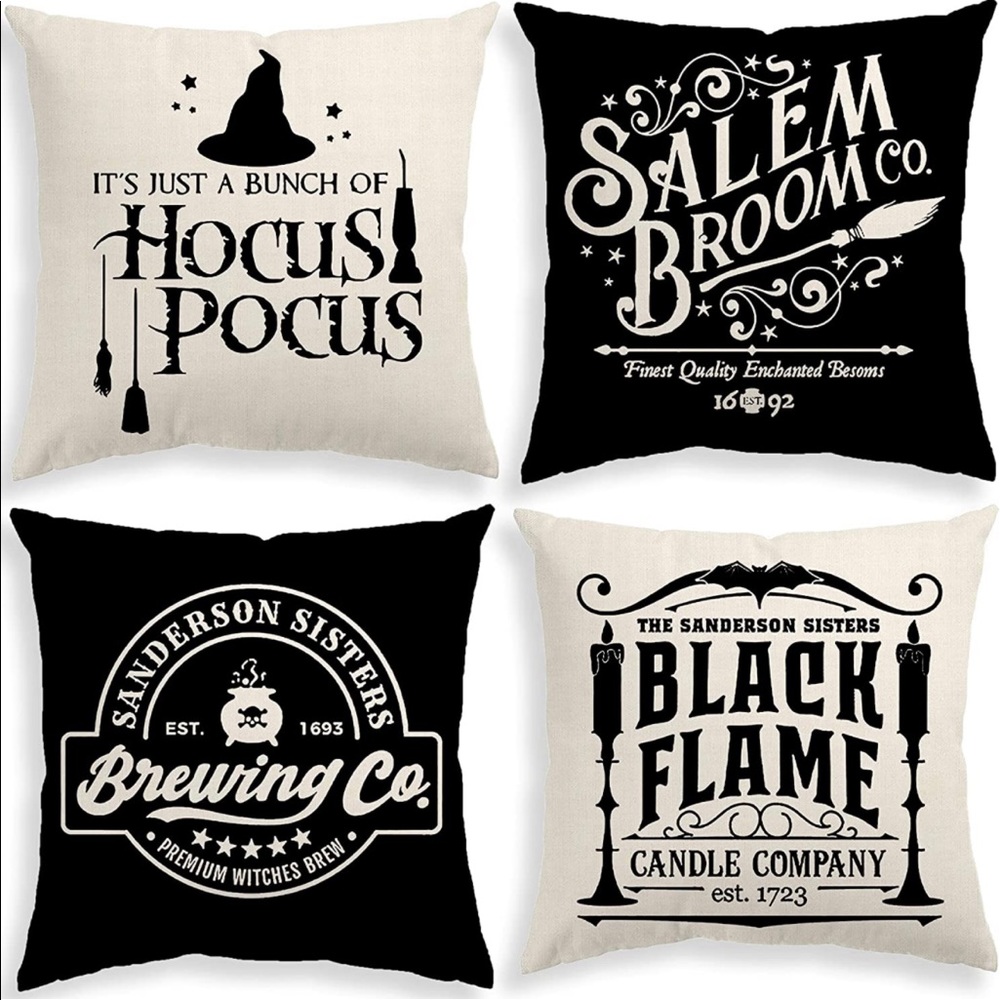 NEW HOCUS POCUS Set of 4 Sanderson Sisters Pillow Covers Black & White Halloween